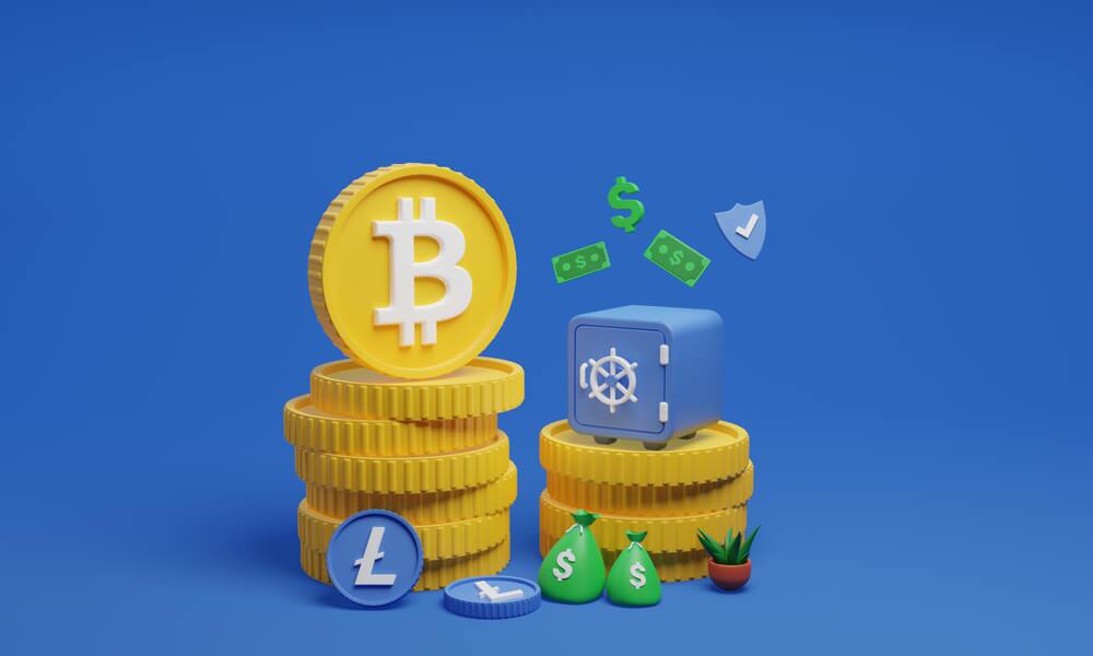 Bitcoin with a safe on blue background.
