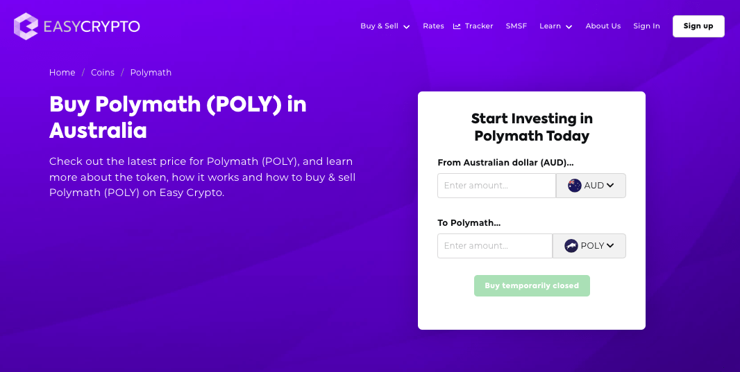 Screenshot of Easy Crypto coinpage showcasing Polymath (POLY) and AUD pairing.