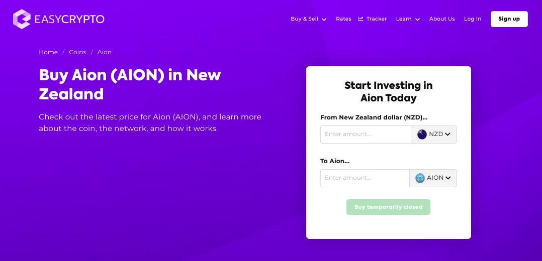 Screenshot of Easy Crypto coin page showcasing the AION and NZD pairing.