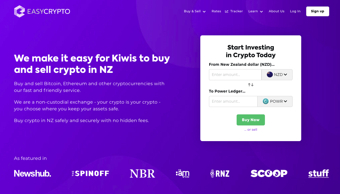 Screenshot of Easy Crypto homepage showcasing the NZD and POWR pairing.