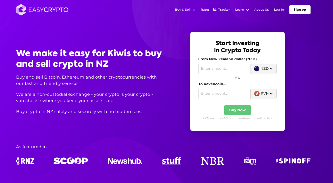 Screenshot of Easy Crypto homepage showcasing the Ravencoin and NZD pairing.