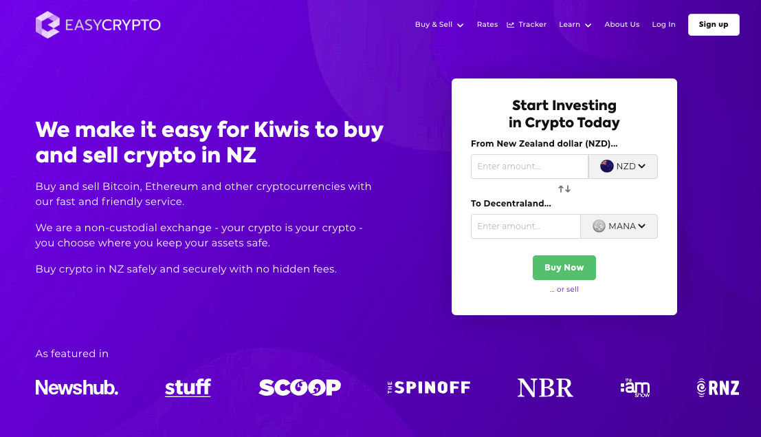 Screenshot of Easy Crypto homepage showcasing the MANA and NZD pairing.