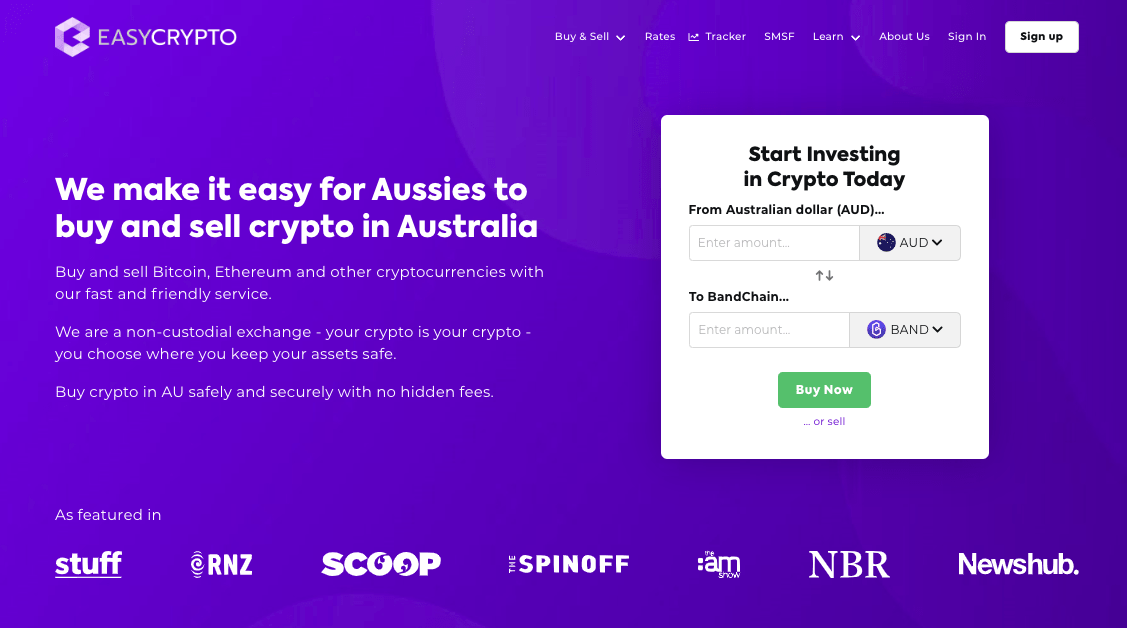 Screenshot of Easy Crypto Australia homepage showcasing BAND and AUD pairing.