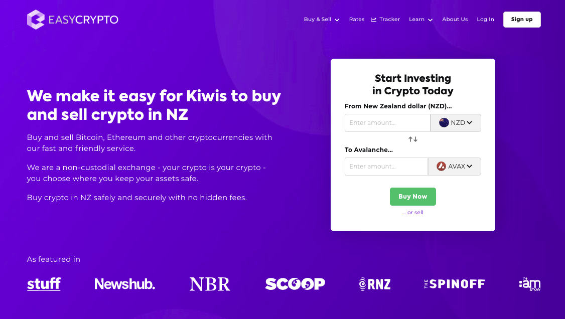 Screenshot of Easy Crypto homepage showcasing the AVAX and NZD pairing.