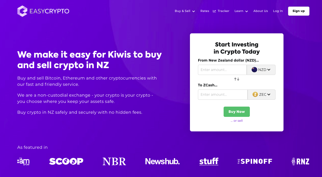 Screenshot of Easy Crypto homepage showcasing the ZEC and NZD pairing.