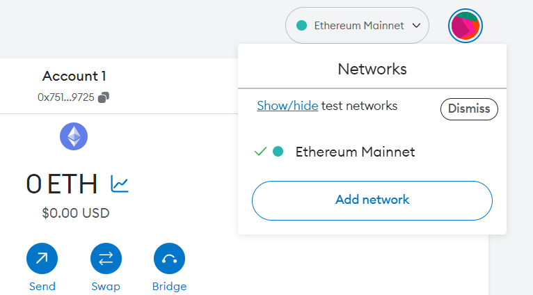Corner dropdown menu to add a network apart from Ethereum