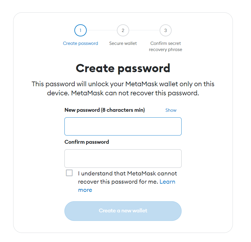 MetaMask display that asks you to create a new password