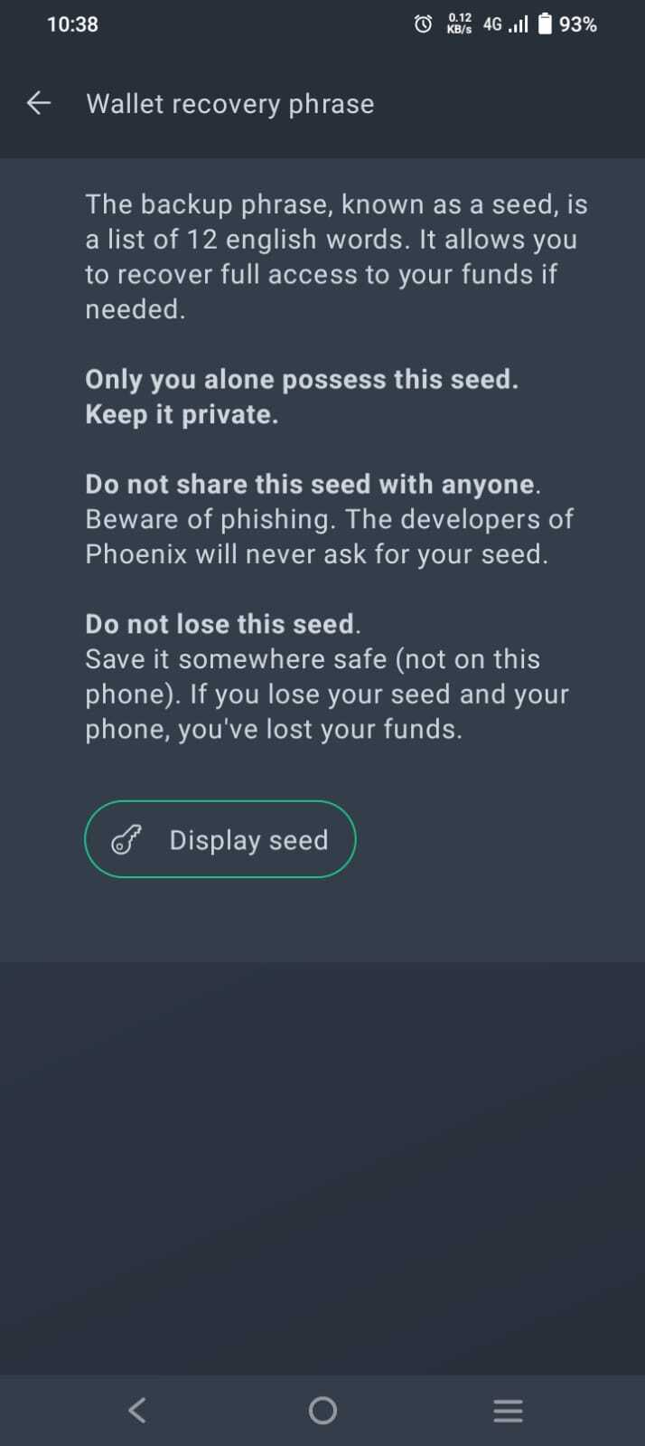 Phoenix wallet recovery phrase back up screen