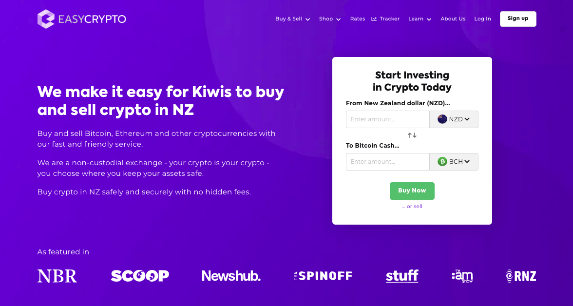 Screenshot of Easy Crypto Homepage showcasing the BCH and NZD pairing.