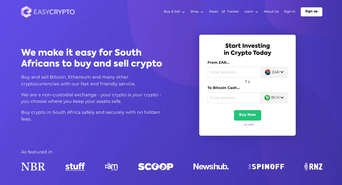 Screenshot of Easy Crypto Homepage showcasing the BCH and ZAR pairing.