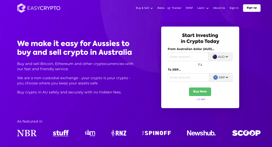 Screenshot of Easy Crypto homepage showcasing the XRP and AUD pairing.