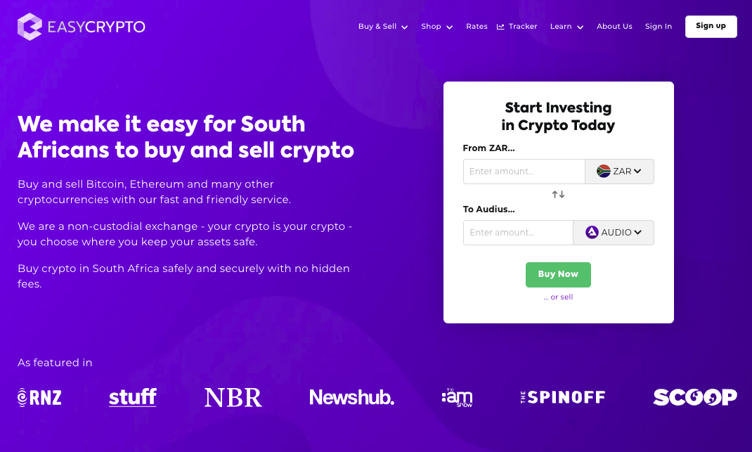 Screenshot of Easy Crypto South Africa homepage showcasing AUDIO and ZAR pairing.