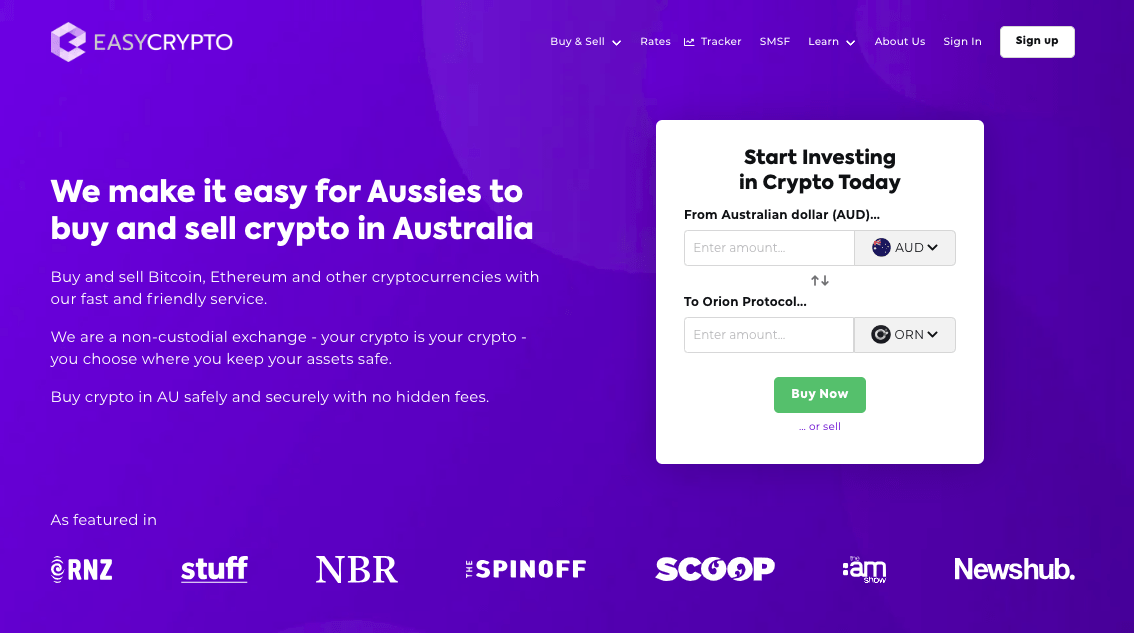 Screenshot of Easy Crypto Australia homepage showcasing the ORN and AUD pairing.