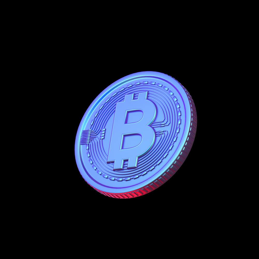 Illustration of blue bitcoin on dark background