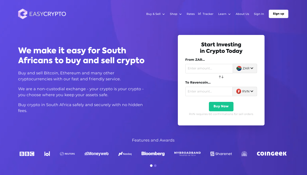 Screenshot Easy Crypto South Africa Homepage showcasing ZAR and RVN pairing.