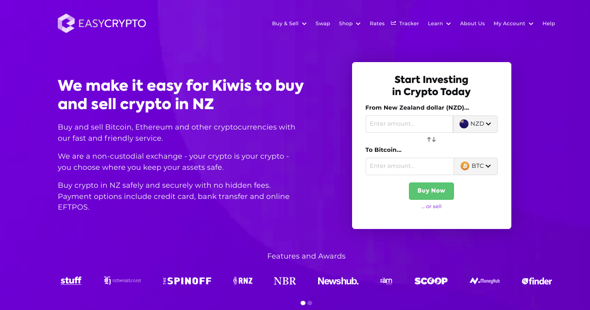 Screenshot of Easy Crypto New Zealand Homepage showcasing the NZD and Bitcoin BTC pairing