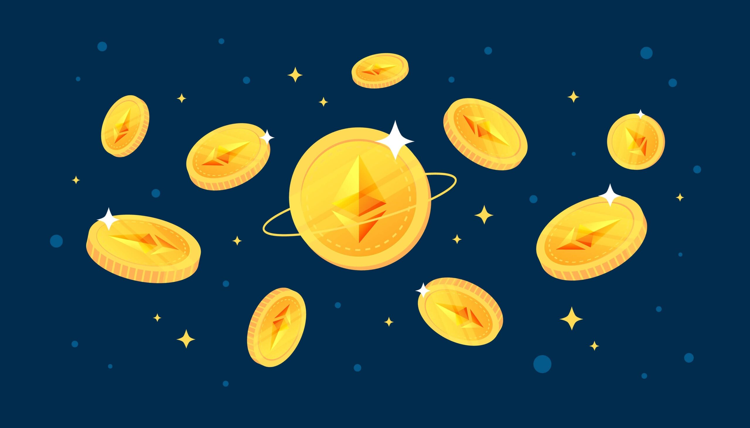 Illustration of floating Ethereum ETH Ether cryptocurrency tokens