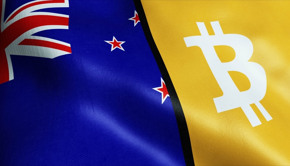 Illustration of New Zealand flag and bitcoin flag.