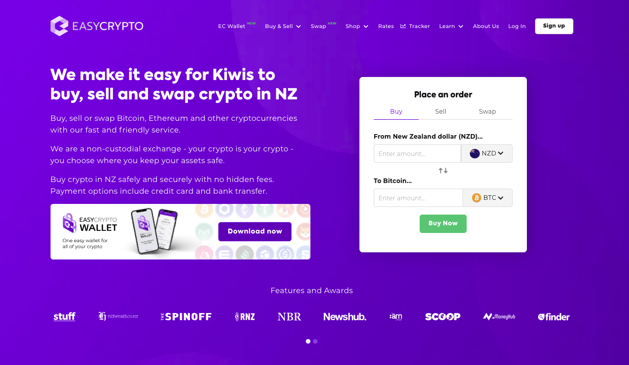 Screenshot of the new Easy Crypto homepage showcasing the Ethereum ETH token and NZD pairing.