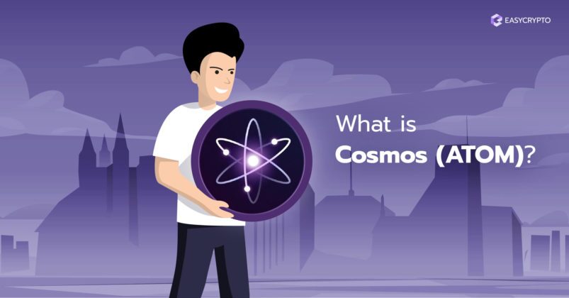 Man holding the Cosmos (ATOM) logo on a dark purple cityscape background. Man holding the Cosmos (ATOM) logo on a dark purple cityscape background.