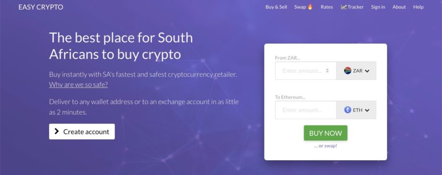 The front page of Easy Crypto websites, the recommended place to buy Ethereum and other cryptocurrencies in South Africa