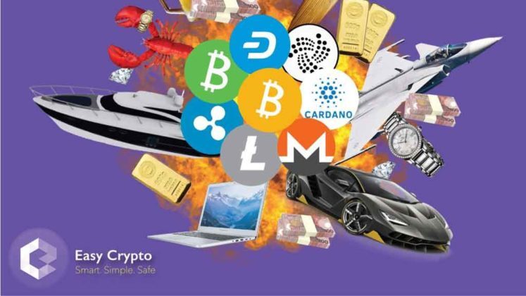 bitcoin explosion with coins in middle and expensive stuff shooting out the sides