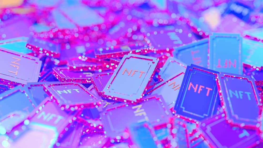 illustration of digital NFT tokens and coins.