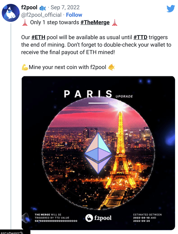 f2pool on twitter talking about moving away from proof of work