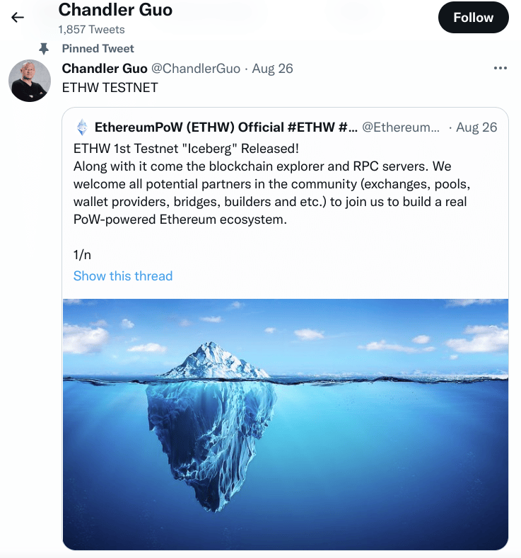 Chandler Guo on twitter explaining about EthereumPOW