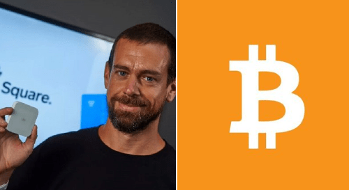 Photo of Jack Dorsey next to Bitcoin logo