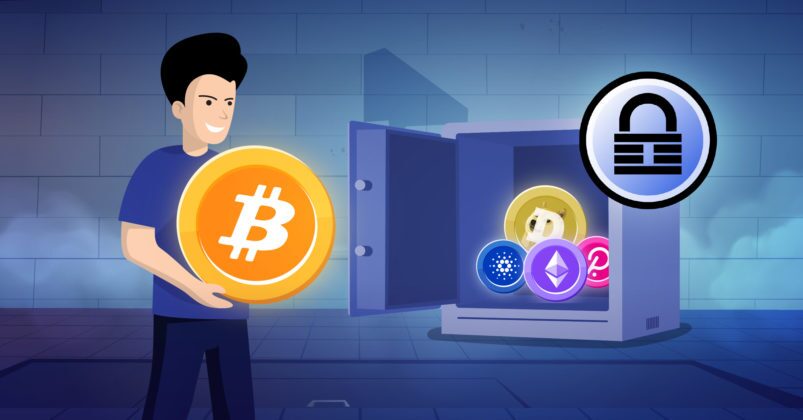 Illustration of a man holding a bitcoin abotu to put it in a safe to illustrate the topic of cold storage Illustration of a man holding a bitcoin abotu to put it in a safe to illustrate the topic of cold storage