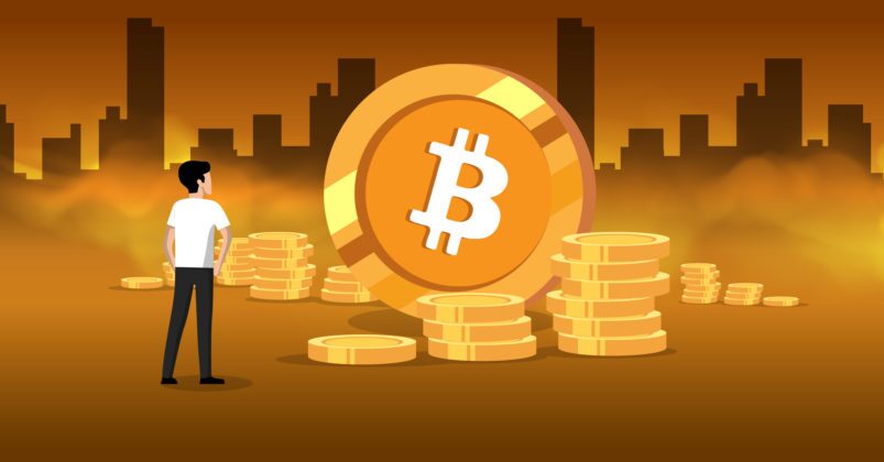 Illustration of a man looking at a golden bitcoin to depict to answer the question is bitcoin real money? Illustration of a man looking at a golden bitcoin to depict to answer the question is bitcoin real money?