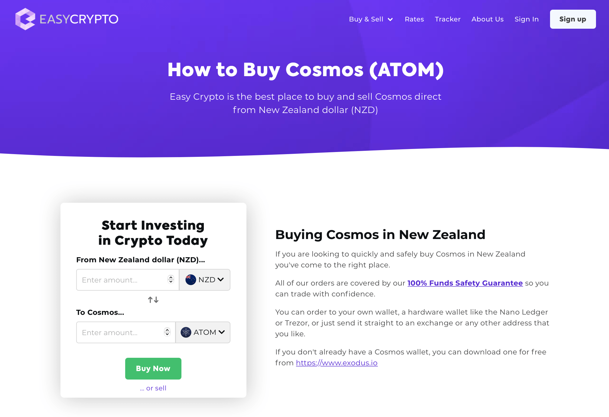 Screenshot of Easy Crypto Cosmos (ATOM) buying page.