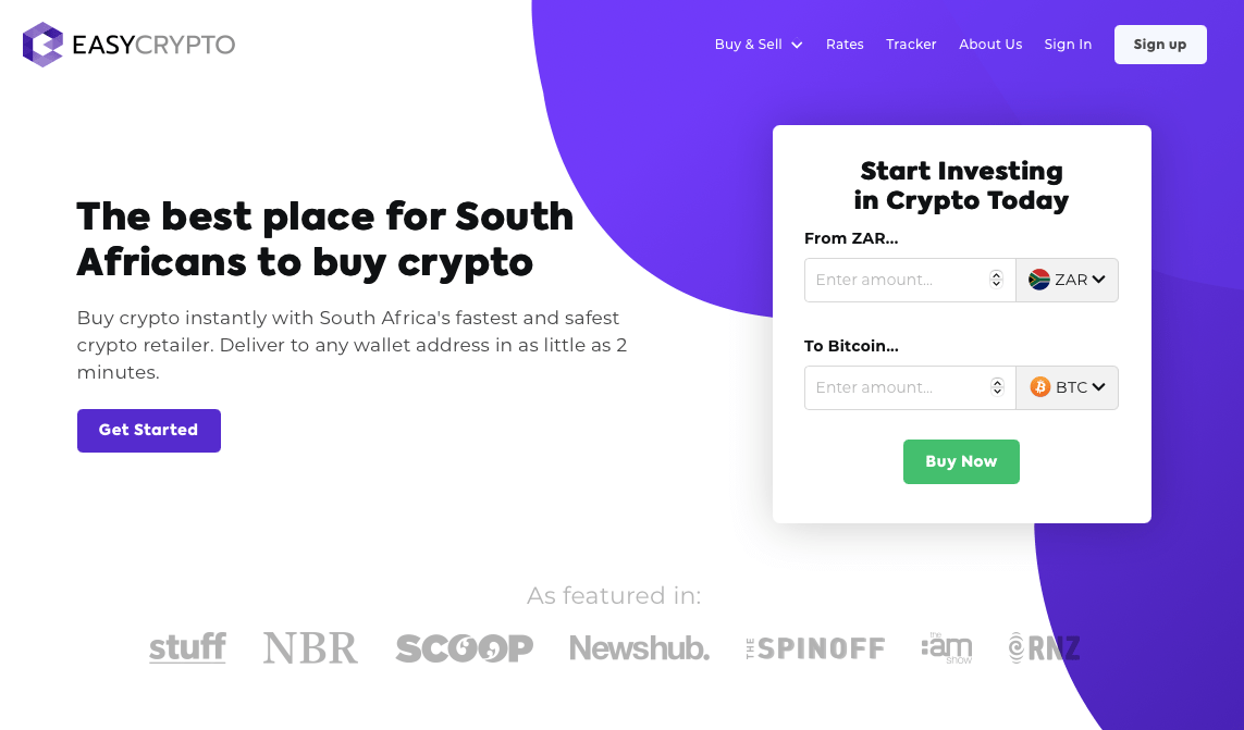 Screenshot of Easy Crypto South Africa homepage showcasing the ZAR and BTC pairing.