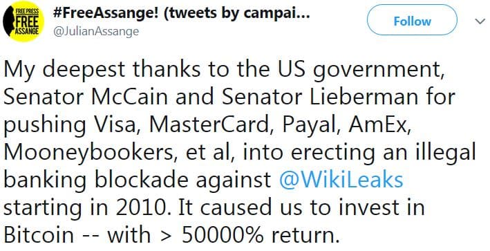 JulianAssange tweet on twitter about bitcoin investment