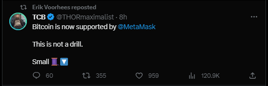 Screenshot of tweet by TCB about Bitcoin being supported by Metamask
