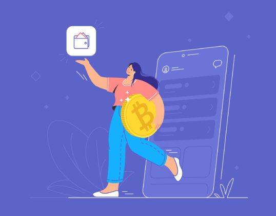 Illustration for crypto women purple background