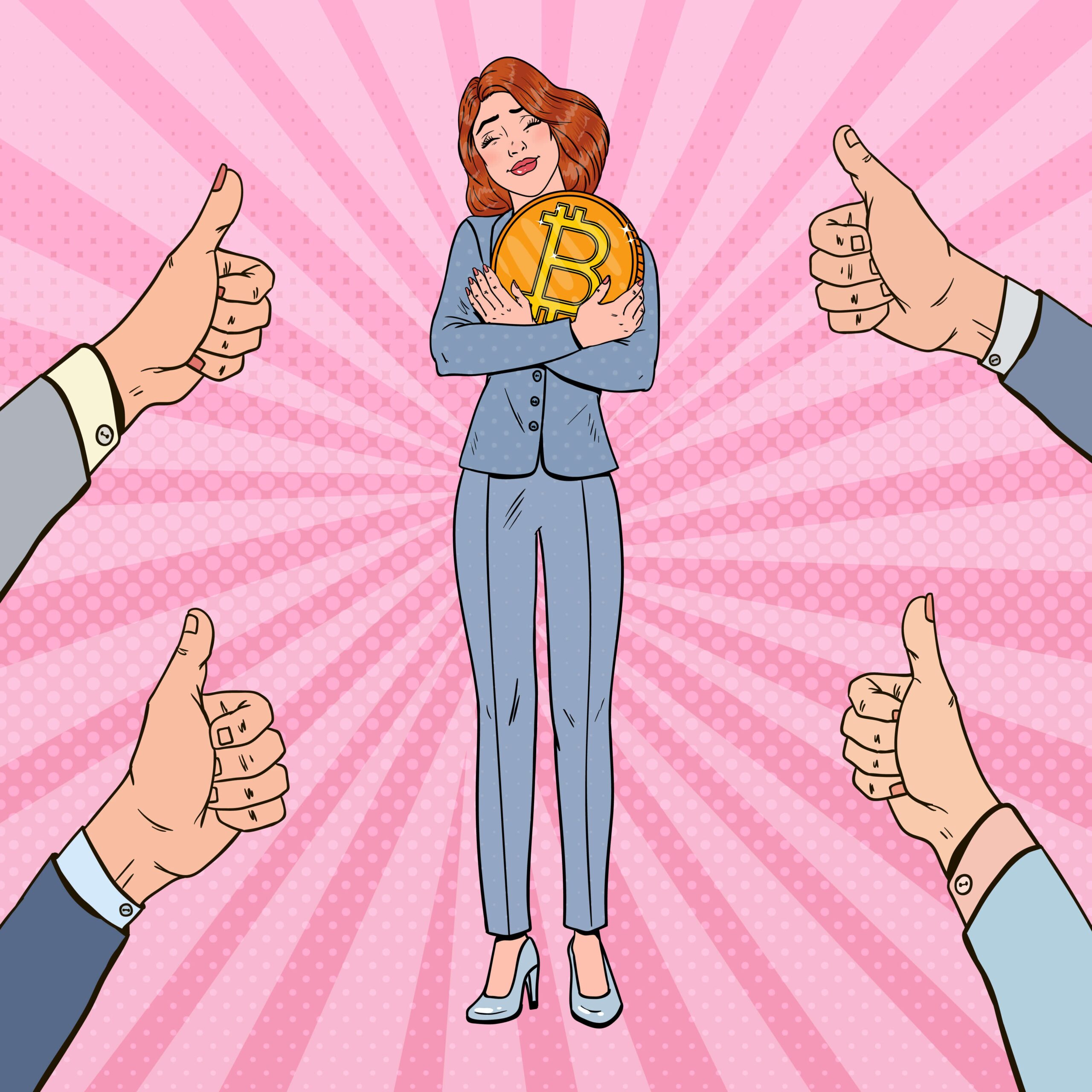 Illustration of woman hugging Bitcoin crypto