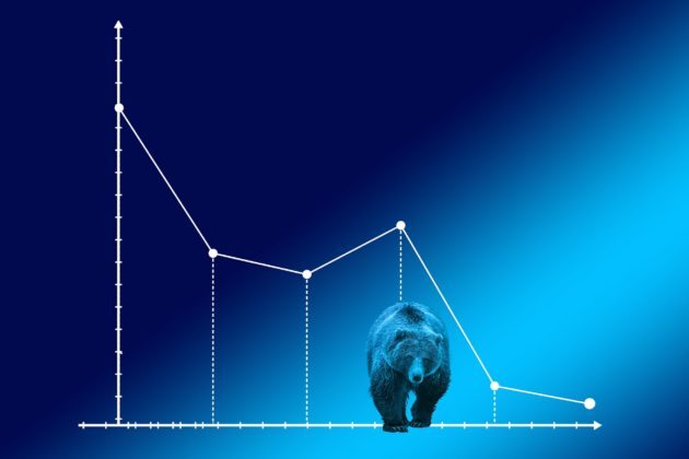 Declining graph with a blue background and a bear walking down the middle. Declining graph with a blue background and a bear walking down the middle.