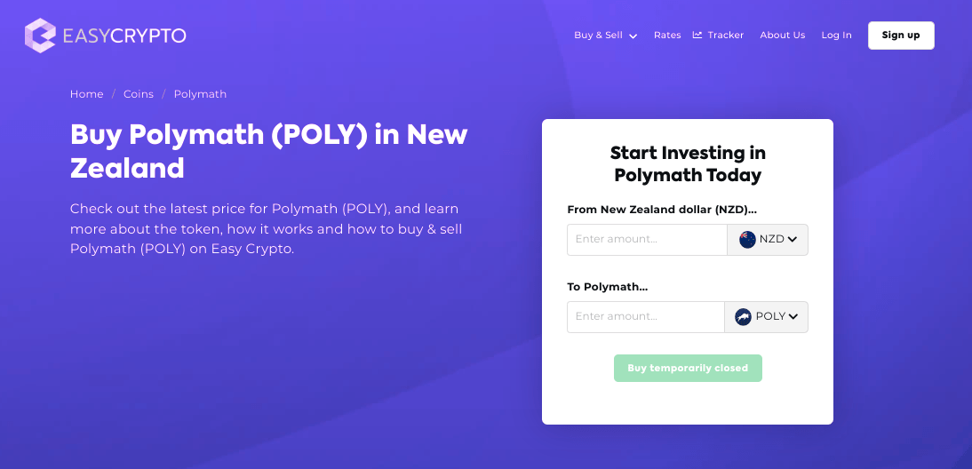 Screenshot of Easy Crypto New Zealand showcasing the Polymath (POLY) and NZD pairing.