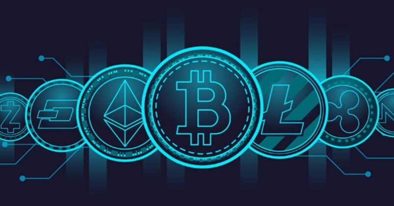 The illustration of Bitcoin (BTC) and various cryptocurrencies with blue color
