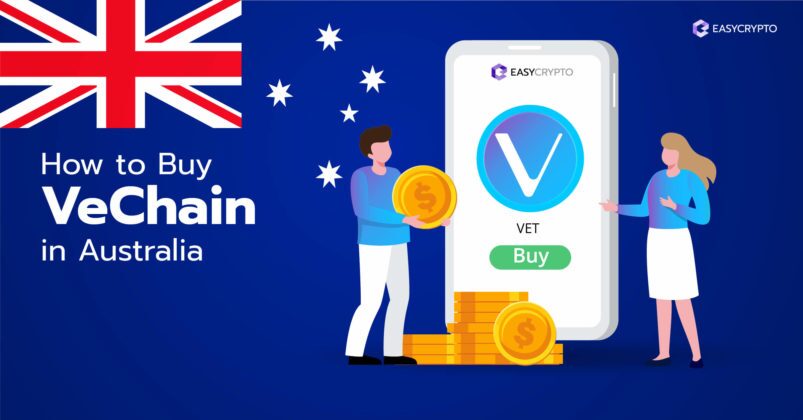 Illustration of a phone screen with the VeChain (VET) logo on it backdropped by the Australian flag. Illustration of a phone screen with the VeChain (VET) logo on it backdropped by the Australian flag.