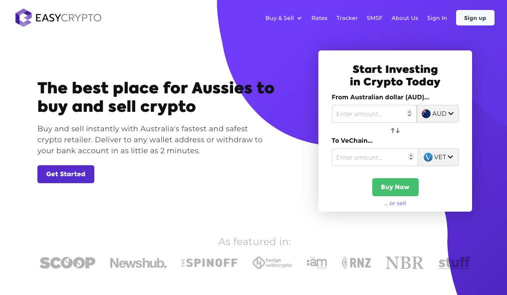Screenshot of Easy Crypto Homepage showcasing the AUD and VET pairing.