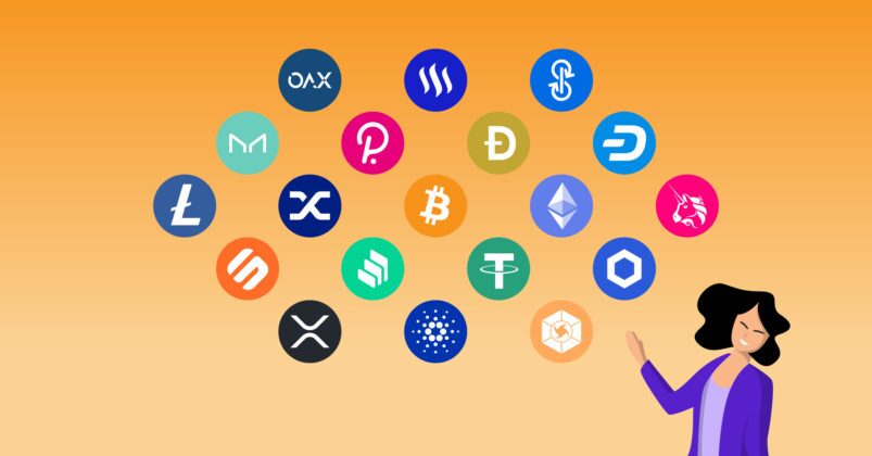 Illustration of a woman gesturing to her upper right that is filled with crypto coin logos to convey the topic of types of cryptocurrency coins and tokens Illustration of a woman gesturing to her upper right that is filled with crypto coin logos to convey the topic of types of cryptocurrency coins and tokens