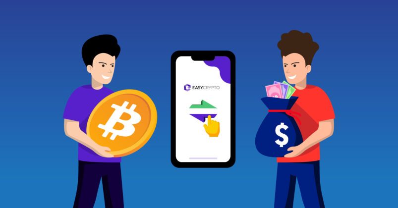 Illustration of 2 guys holding a bitcon and bag of cash to illustrate what a cryptocurrency exchange is Illustration of 2 guys holding a bitcon and bag of cash to illustrate what a cryptocurrency exchange is