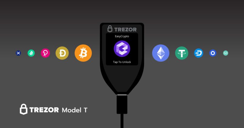 Illustration of a Trezor crypto wallet with crypto coin logos on either side to depict the topic of How to set up and use the trezor model t Illustration of a Trezor crypto wallet with crypto coin logos on either side to depict the topic of How to set up and use the trezor model t
