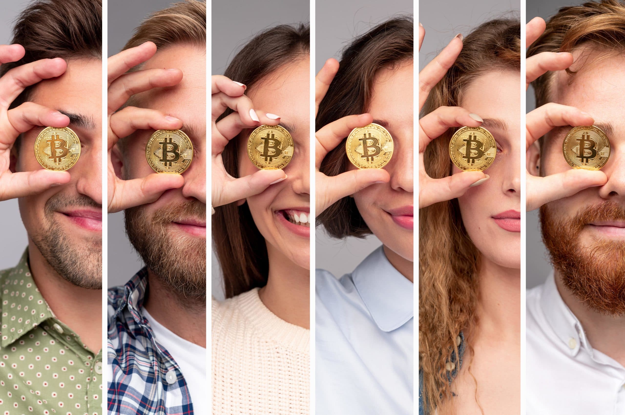Photo of 6 people holding a physical Bitcoin on their eyes.