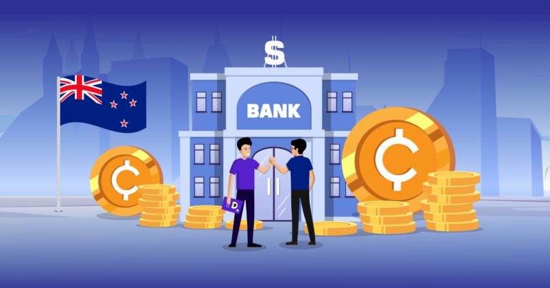 Illustration of two guys in front of a bank next to the new zealand flag to convey the topic of crypto friendly banks Illustration of two guys in front of a bank next to the new zealand flag to convey the topic of crypto friendly banks