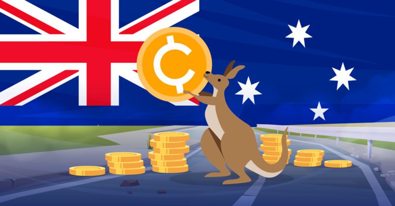 Illustration of a kangaroo holding a coin in front of the Australian flag to convey the topic of what are the most popular cryptocurrencies to invest in Australia. Illustration of a kangaroo holding a coin in front of the Australian flag to convey the topic of what are the most popular cryptocurrencies to invest in Australia.