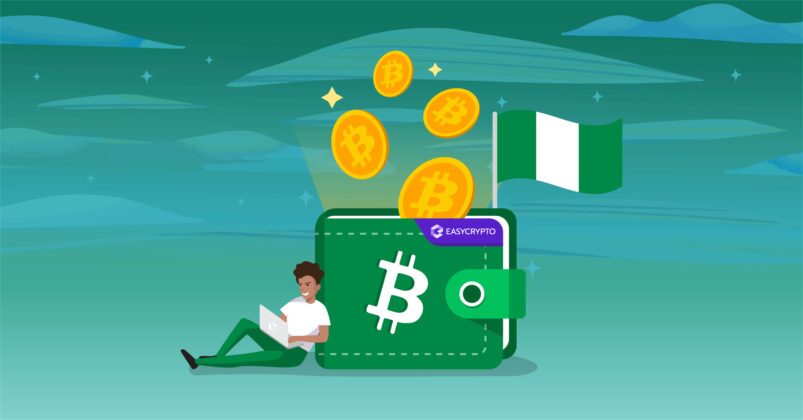 Illustration of a wallet with a bitcoin logo and the Nigerian flag on the corner Illustration of a wallet with a bitcoin logo and the Nigerian flag on the corner